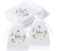 Hestya 30 Piezas Bolsas de Organza con la Frase Schön Dass du da Bist Recuerdos de Comunión Recuerdos de Boda Bolsas de Organza para Eucalipto para Chocolate, Galletas para Bautizos, Confirmaciones