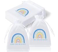 Hestya 30 Piezas Bolsas de Organza con la Frase Schön Dass du da Bist Recuerdos de Comunión Recuerdos Bautizos de Boda Bolsas de Organza para Arcoíris azul para Chocolate, Galletas Confirmaciones