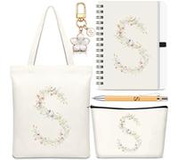Hestya 5 Piezas Regalo con Letras Set Regalo Inicial con Bolsa Tote Neceser Llavero Libreta y Bolígrafo Set Alfabeto para Mujeres, Cumpleaños, Navidad(Beige,Letra S)