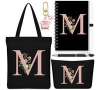 Hestya 5 Piezas Regalo con Letras Set Regalo Inicial con Bolsa Tote Neceser Llavero Libreta y Bolígrafo Set Alfabeto para Mujeres, Cumpleaños, Navidad(Negro,Letra M)