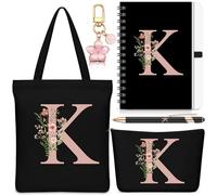 Hestya 5 Piezas Regalo con Letras Set Regalo Inicial con Bolsa Tote Neceser Llavero Libreta y Bolígrafo Set Alfabeto para Mujeres, Cumpleaños, Navidad(Negro,Letra K)