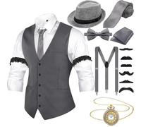 Hestya Accesorios Disfraces Hombre 1920 Chaleco de Gángster Sombrero de Fieltro Reloj de Bolsillo Pajarita Tirantes (Gris, M)