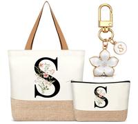 Hestya Set 3 Regalos para Mujer Bolso Tote Personalizado con Inicial Bolsa de Compras de Lona Neceser con Alfabeto Bolso de Maquillaje Llavero con Letra para Amiga Colega Cumpleaños Boda (Beige, S)