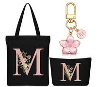 Hestya Set 3 Regalos para Mujer Bolso Tote Personalizado con Inicial Bolsa de Compras de Lona Neceser con Alfabeto Bolso de Maquillaje Llavero con Letra para Amiga Colega Cumpleaños Boda (Negro, M)