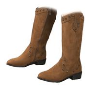 HESYSUAN Botas vaqueras de pantorrilla ancha para mujer, estilo retro, en forma de V, con tachuelas, puntera puntiaguda, cremallera lateral, tacones bajos, botas de media pantorrilla, Brown, 37 EU