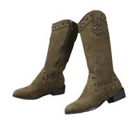 HESYSUAN Botas vaqueras de pantorrilla ancha para mujer, estilo retro, en forma de V, con tachuelas, puntera puntiaguda, cremallera lateral, tacones bajos, botas de media pantorrilla, Green, 35 EU