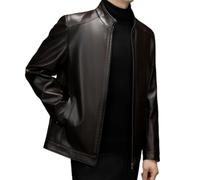 HESYSUAN Chaqueta de cuero para hombre, chaqueta bomber clásica, cuello alto, suave, al tacto, resistente al viento, con cremallera y forro polar, Forro polar marrón, L