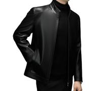 HESYSUAN Chaqueta de cuero para hombre, chaqueta bomber clásica, cuello alto, suave, al tacto, resistente al viento, con cremallera y forro polar, Negro, XL