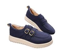 HESYSUAN Mocasines casuales de doble correa para mujer, estilo retro británico, plataforma de gamuza, cómodos zapatos de punta redonda para caminar, Blue, 44 EU