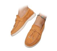 HESYSUAN Mocasines cómodos de piel de ante de caña baja para mujer, mocasines planos sin cordones con borla decorativa, mocasines ligeros para conducir, Orange, 44 EU