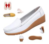 HESYSUAN Mocasines ortopédicos para mujer en cuero transpirable, plataforma ortopédica de cuña, suela suave, mocasines cómodos y antideslizantes, White, 34.5 EU