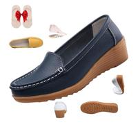HESYSUAN Mocasines ortopédicos para mujer en cuero transpirable, plataforma ortopédica de cuña, suela suave, mocasines cómodos y antideslizantes, azul oscuro, 34.5 EU