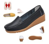 HESYSUAN Mocasines ortopédicos para mujer en cuero transpirable, plataforma ortopédica de cuña, suela suave, mocasines cómodos y antideslizantes, Black, 35 EU