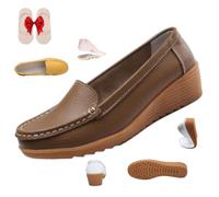 HESYSUAN Mocasines ortopédicos para mujer en cuero transpirable, plataforma ortopédica de cuña, suela suave, mocasines cómodos y antideslizantes, Khaki, 34.5 EU