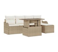 HETFTJN Juego de asientos para exteriores, 6 piezas, beige, polirratán, rectangular, resistente a la intemperie, modular, diseño moderno con taburete y mesa, ahorra espacio, para balcón, jardín