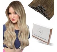 Hetto Extensiones De Clip De Pelo Natural Castaño Claro Ombre 55cm Extensiones Pelo Natural Clip Liso Recto Corto 5piezas/80g Rubio Ceniza y Rubio Platino #8/18/60