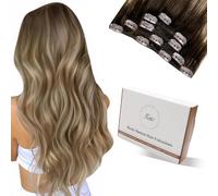 Hetto Extensiones de Clip de Pelo Natural Corto Extensiones Clip Balayage Extensiones Pelo Natural Humano Castaño a Castaño Claro con Rubio Dorado 30 cm 5pcs 80G #3/8/24
