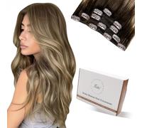 Hetto Extensiones de Clip de Pelo Natural Corto Extensiones Clip Balayage Extensiones Pelo Natural Humano Castaño a Castaño Claro con Rubio Dorado 35 cm 5pcs 80G #3/8/24