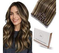 Hetto Extensiones de Clip de Pelo Natural Humano Extensiones Clip Pelo Natural Liso Remy Invisibles Liso Recto Corto Sedoso Suave Double Capa 5Pcs 80G 35 cm Castaño Oscuro con Caramelo Dorado #P4/27