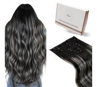 Hetto Extensiones de Clip de Pelo Natural Lisas 45 cm Extensiones de Pelo Humano Clip Extensiones Pelo Natural Balayage Negro y Gris 7pcs 120g #1B/S/1B