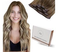 Hetto Extensiones de Clip de Pelo Natural Liso 45 cm Extensiones Clip Pelo Humano Remy Balayage Castaño Claro con Rubio Platino 5pcs 80g #8/60/8