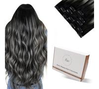 Hetto Extensiones de Clip de Pelo Natural Liso 45 cm Extensiones Pelo Natural Clip Balayage Negras y Gris Extensiones de Pelo Humano 5pcs 80g #1B/S/1B