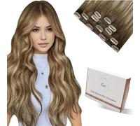 Hetto Extensiones de Clip de Pelo Natural Remy 45 cm Extensiones Pelo Natural Clip Cabello Humano Real Balayage Marrón a Rubio con Marrón 5pcs 80g #8/16/8