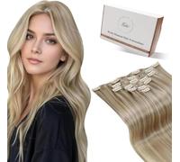 Hetto Extensiones Pelo Natural Clip Rubio Extensiones de Clip de Pelo Natural Humano Invisibles Cabello Remy Liso Recto Corto Sedoso Suave Double Capa Rubio Ceniza 30 cm 5 Piezas 80g #17/23