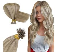 Hetto Extensiones Pelo Natural Nano Tip Mechas Rubio Ceniza Oscuro Con Rubio Dorado Extensiones Nano Ring de Pelo Natural Mujeres Extensiones De Nanoring Cabello Humano 40cm 50S 50G #P17/23