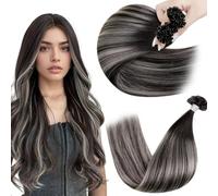 Hetto Extensiones Pelo Natural Queratina Extensiones de Queratina Pelo Natural Humano Negro con Plata Pre Bonded Extensiones U Tips #1B/S/1B 50g 16 Pulgadas