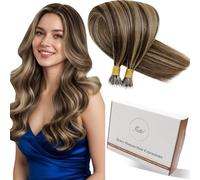 Hetto Nano Ring Extensiones de Cabello Humano Extensiones Nano Ring Pelo Natural Remy Liso Humano Invisible Castaño Chocolate Mechas Rubio Caramel 40 cm 50g 50 Hebras #P4/27