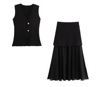 HEUchuan Chaleco para mujer Conjunto de falda mujer con cuello en V sin mangas chaleco delgado + cintura alta sólida cremallera patchwork calle larga(Black Suit,L)