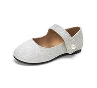 HEVA Zapatos clásicos Mary Jane para niñas, con gancho y lazo, para vestido de boda, zapatos planos para escuela, Glitter Sliver, 25 EU