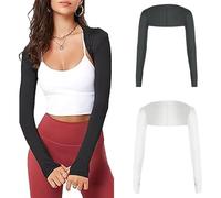 HEVIBK 2 Piezas Protección UV Bolero Mujer Protección Solar Bufanda Calentadores de Brazo Seda de Agujeros para los Dedos Guantes sin Dedos Mangas (Blanco y negro)