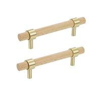 HEVSTIL Paquete de 2 tiradores de latón de haya macizo, 3-7/9 pulgadas, distancia central, latón, dorado, marrón, accesorios de armario de cocina, manijas de madera para armario