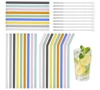 Hevysuo 37 piezas Pajitas de Cristal Coloridas Reutilizables,9 Pajitas Rectas y 9 Curvas de Vidrio 20 cm,9 Pajita Cortas de Vidrio Multicolor 16 cm con 10 Cepillos de Limpieza,para Cócteles,Jugos