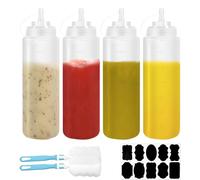Hevysuo 4 Piezas Squeeze Bottle 680ml,24oz Botella de Salsa con Tapa con 2 cepillos de limpieza y 10 adhesivos para ketchup,Condimento Botellas para Salsa,Mayonesa,Aceite De Oliva