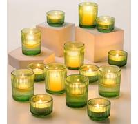 Hewory Portavelas de Cristal: 24 Velas de Té, Votivos Verdes para Centro de Mesa, Soporte de Cristal para Boda, Fiesta, Sala de Estar, Decoración del Hogar