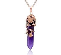 Hexagonal Healing Crystal Pendant Necklace Flower Wire Wrapped Amethysts Rose Quartz Natural Stone Jewelry,Amethyst,45cm