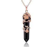Hexagonal Healing Crystal Pendant Necklace Flower Wire Wrapped Amethysts Rose Quartz Natural Stone Jewelry,Black Onyx,45cm