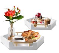 Hexagonal Serving Trays with Golden Handles - Set of 2 Bamboo Trays That Nests - Large, and Small Trays Set for Food, Ottoman Décor & More - Modern Trays for Breakfast - White