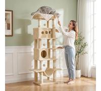 HEXCELEN 172cm Árbol para Gatos, con 8 Postes para Arañar, 2 Casitas para Gatos, Una Hamaca Y Una Cama para Gatos, Estructura Resistente, Ideal para Hogares con Varios Gatos, Beige