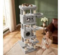 HEXCELEN 172cm Árbol para Gatos, con 8 Postes para Arañar, 2 Casitas para Gatos, Una Hamaca Y Una Cama para Gatos, Estructura Resistente, Ideal para Hogares con Varios Gatos, Gris Claro