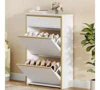 HEXCELEN Armario Zapatero Estrecho con 2 Puertas Abatibles, Zapatero con Cajón, Divisor Ajustable y Desmontable, 60 x 24 x 104,5 cm, para 8-12 Pares, para Pasillo, Entrada, Blanco