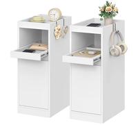 HEXCELEN Juego de 2 Mesita de Noche Estrecha, Mesita de Noche con Bandeja, Mesita Auxiliar con 1 Puerta, 2 Ganchos, Ahorro de Espacio, para Dormitorios, Salones, Moderno, Blanco, 35 × 24 × 64 cm