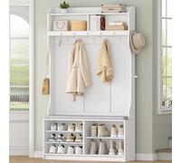 HEXCELEN Perchero Recibidor con Banco Zapatos, Perchero con 14 Ganchos y 7 Compartimentos Abiertos, Estantes Ajustables, para Pasillos, Vestíbulos, Salones, 30 × 100 × 183,4 cm, Blanco