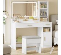 HEXCELEN Tocador con Taburete, Tocador de Maquillaje con Espejo y Luces LED con Brillo Ajustable, Mesa de Maquillaje, 2 Cajones, 4 Compartimentos y 1 Armario, 40 x 108 x 141 cm Blanco