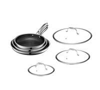 HexClad Juego de 6 sartenes híbridas antiadherentes de 20, 25 y 30 cm con tapa de vidrio templado, asas que se mantienen frías, aptas para lavavajillas y horno, aptas para inducción, compatibles con