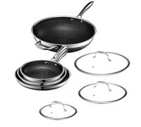 HexClad Juego de Sartenes Hybrid Antiadherentes de 7 Piezas, Sartenes de 20, 25 y 30 cm con Tapas de Vidrio Templado y Wok de 30 cm, Apto para Lavavajillas, Horno hasta 480°C e Inducción