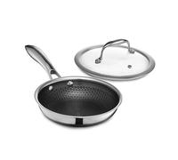 HexClad Sartén híbrida antiadherente de 18 cm con tapa de vidrio templado, mango que se mantiene frío, apta para lavavajillas, apta para horno hasta 480 °C, apta para inducción, compatible con todas
